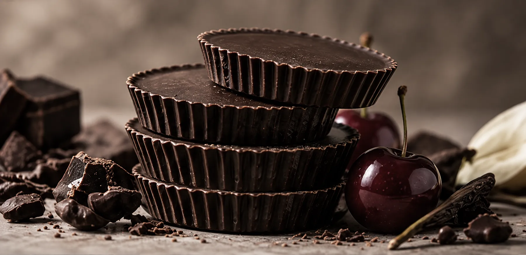 A stack of dark chocolate cups with a cherry and chocolate chunks.
