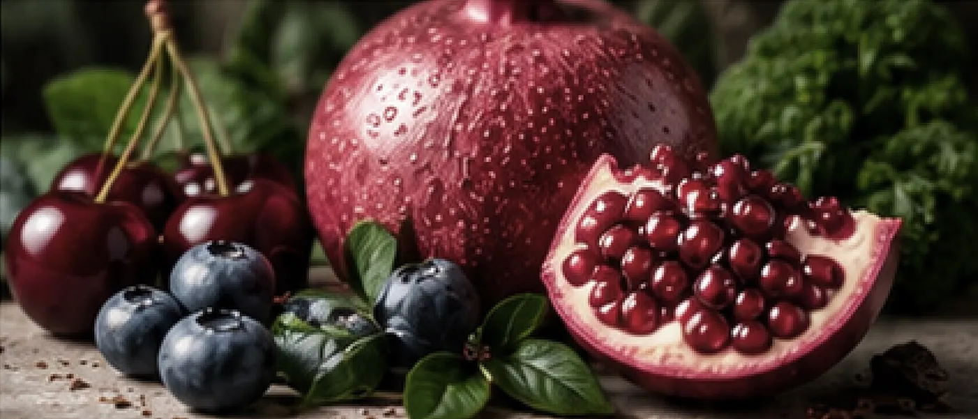 Cherries, blueberries and a halved pomegranate on a dark wooden table.