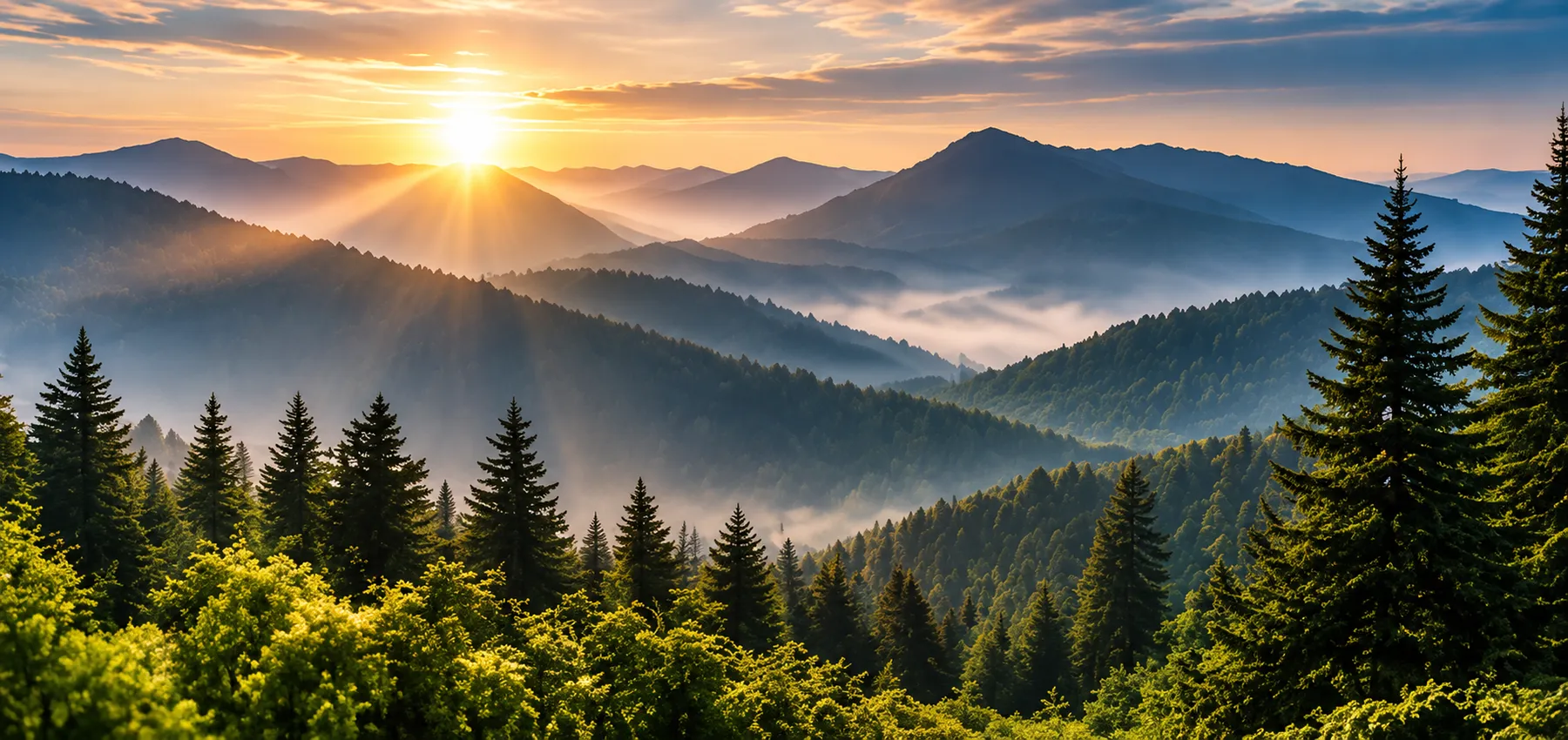 Sunrise over forested, misty mountain ridges.