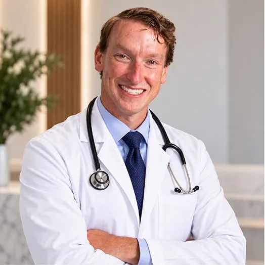 Dr. Brian S. Cornblatt, smiling in a white coat with a stethoscope.