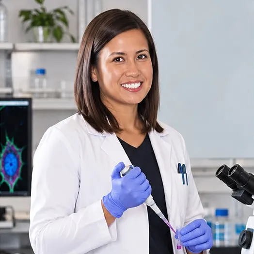Dr. Grace Cornblatt in a lab coat and gloves, holding a pipette in a laboratory.